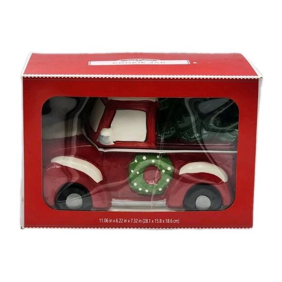 Holiday Time Christmas Tree Red Truck Cookie Jar Green Wreath Hand Painted - Picture 1 of 5